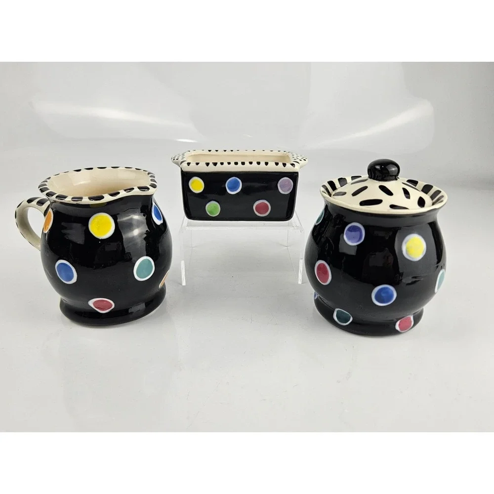 Lynn Morris Signed 3 Piece‎ Ceramic Creamer Sugar Set Polka Dot Black